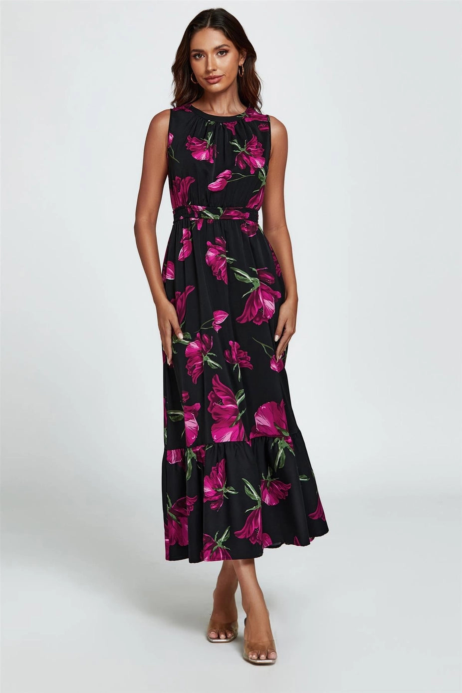 Floral Print Halterneck Maxi Dress in Black