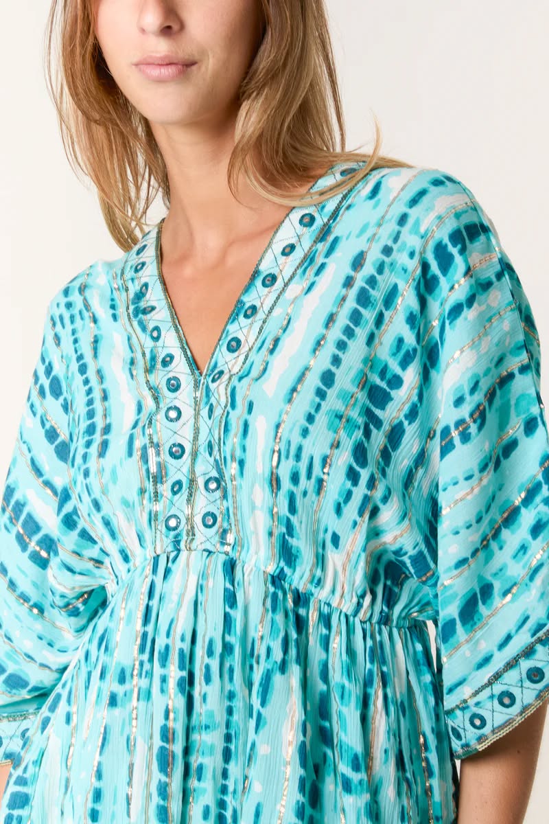 gold embellished smock top in aqua multi one size 10 - 14