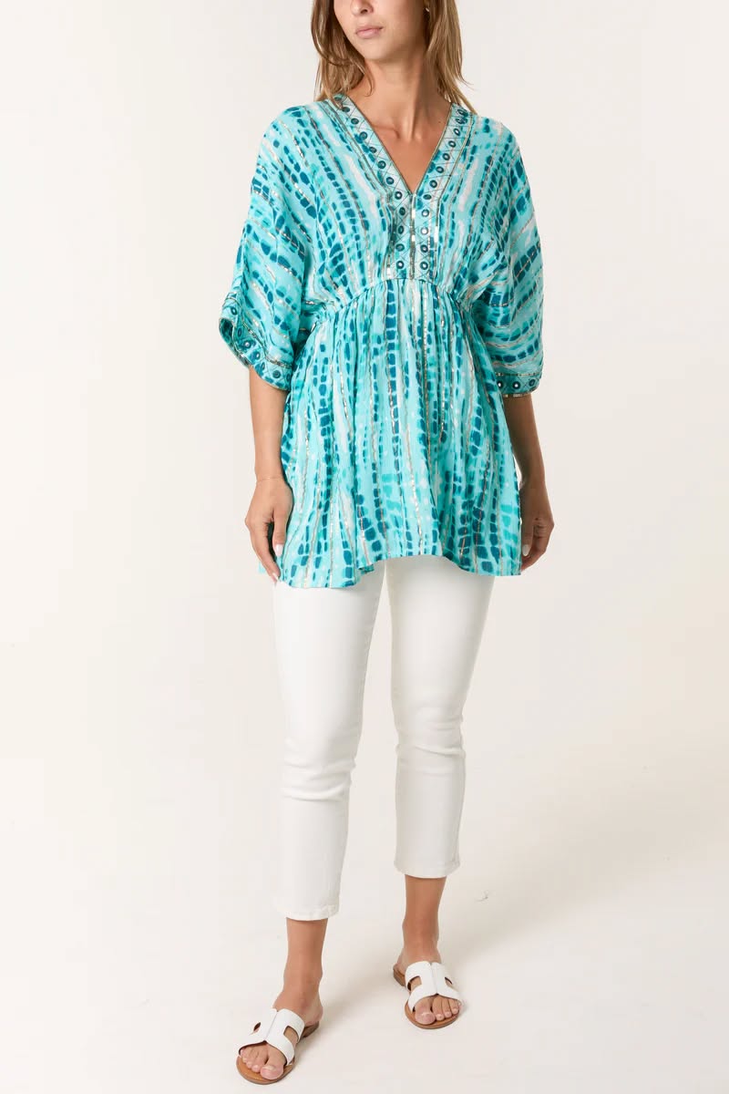 gold embellished smock top in aqua multi one size 10 - 14