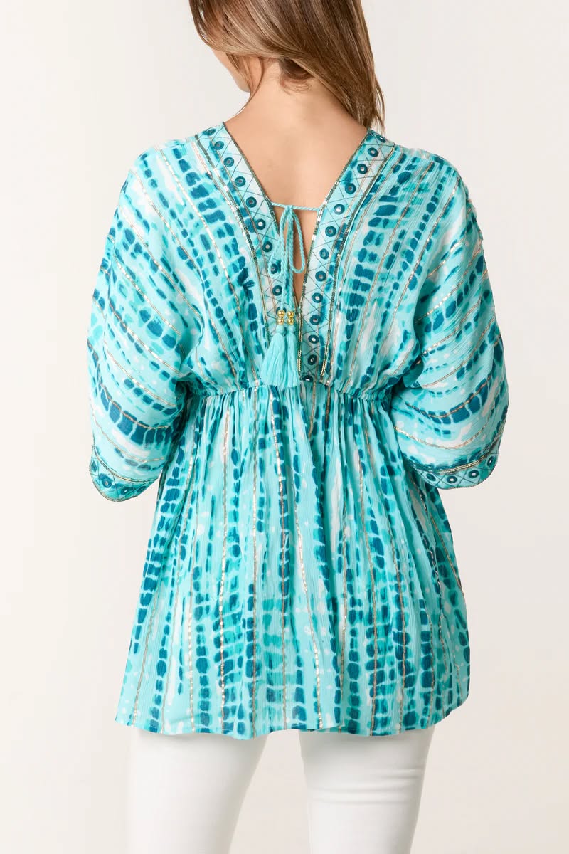 gold embellished smock top in aqua multi one size 10 - 14