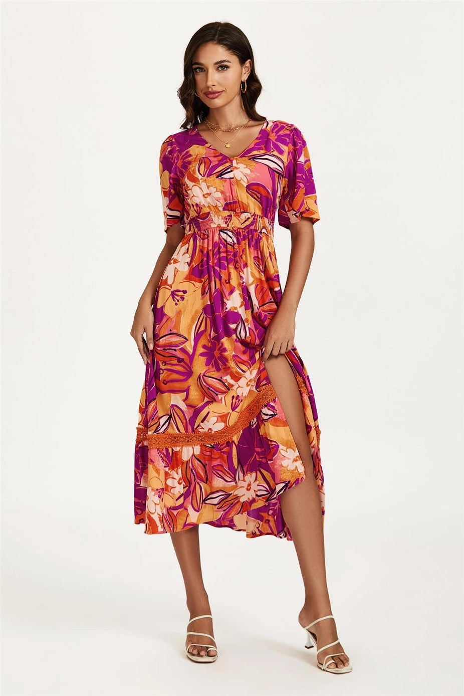 Floral Print Button Down Maxi Dress in Pink Orange