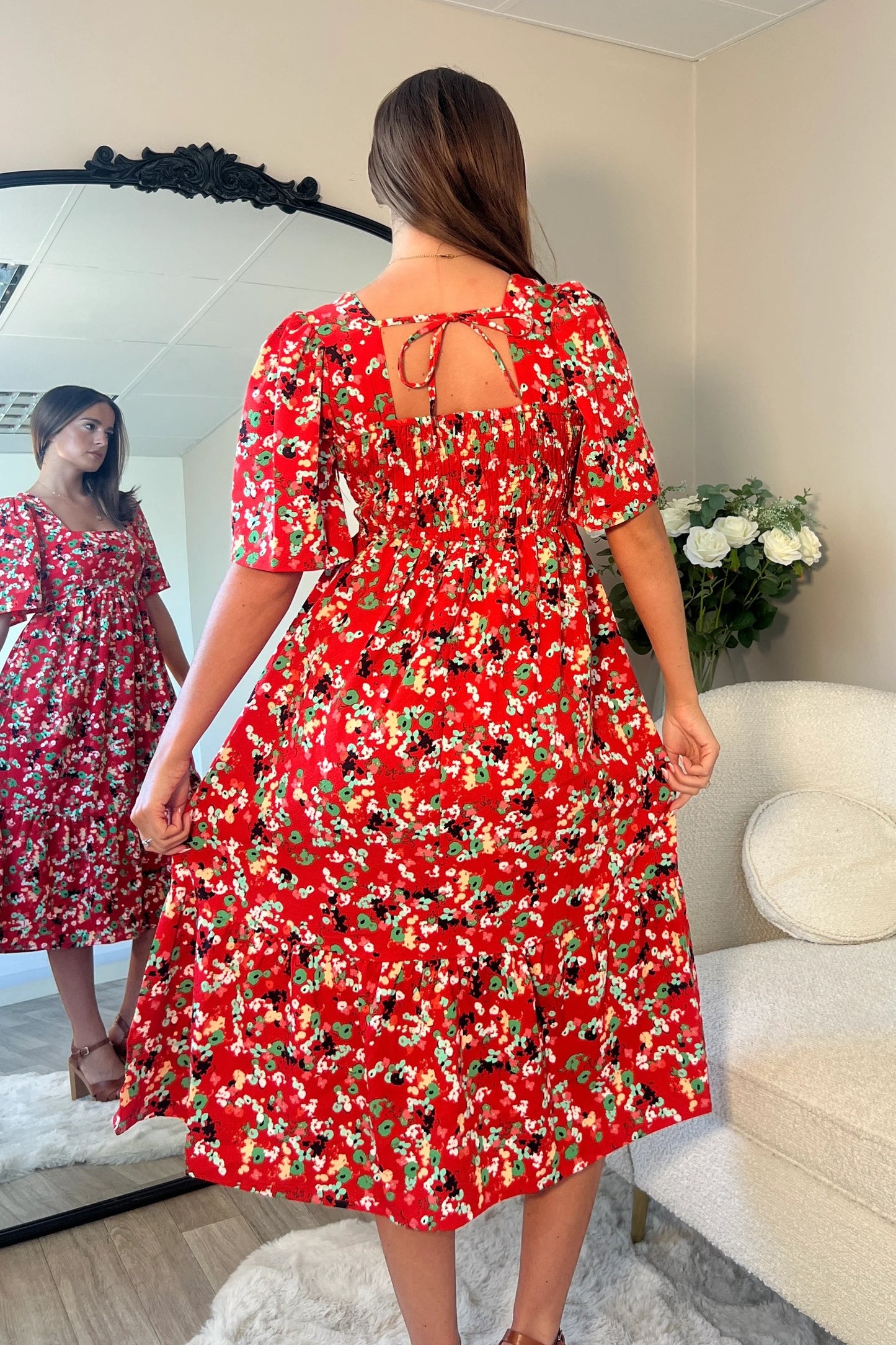 Aspen Square Neck Tiered Midaxi Dress Red