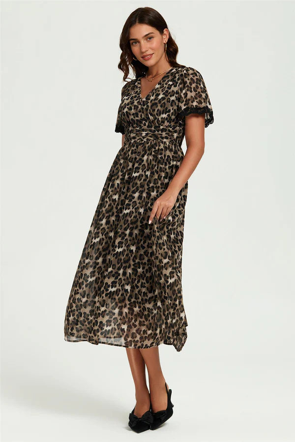 Leopard Print Lace Trim On Sleeve Midi Dress in Brown