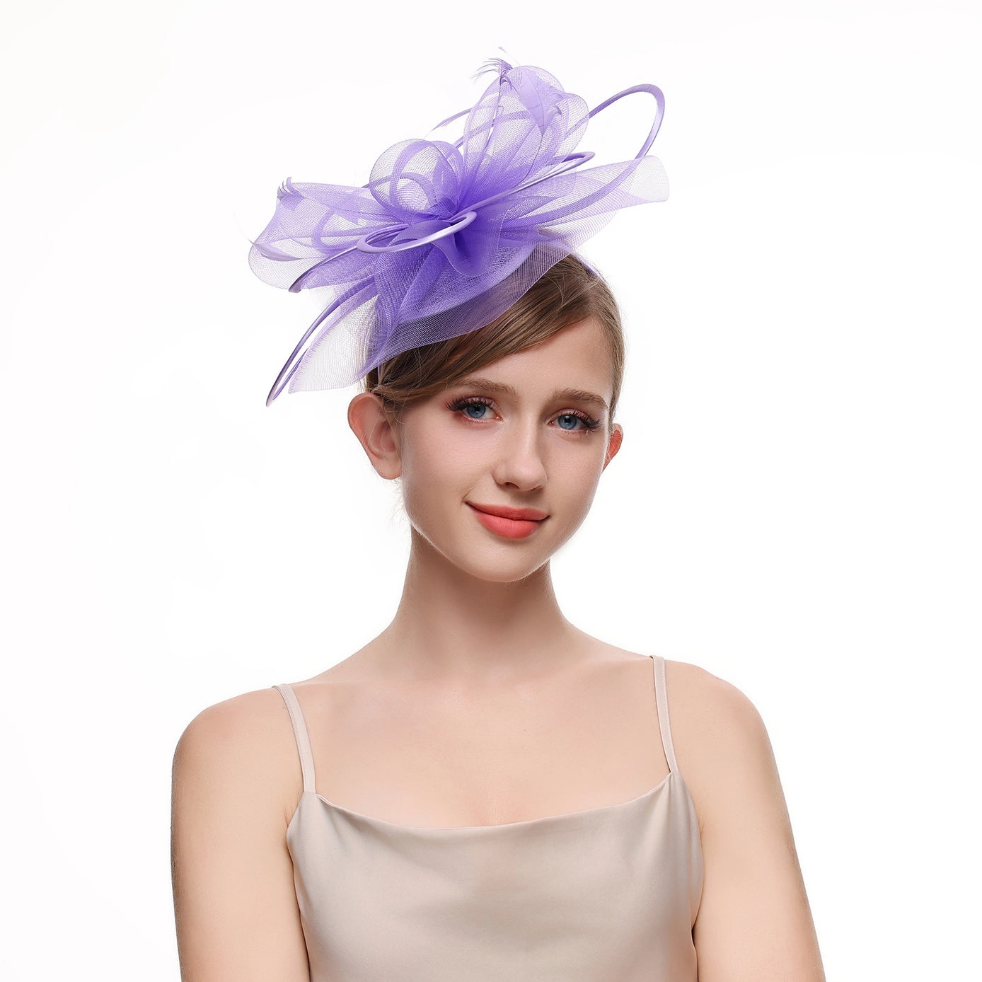 Plain Delicate Mesh and Feather Accents Fascinator Lilac