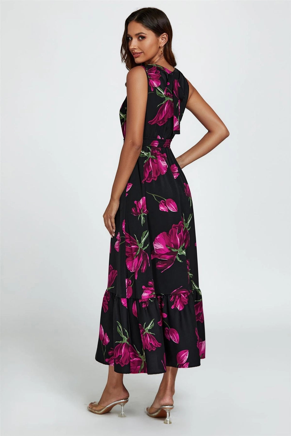 Floral Print Halterneck Maxi Dress in Black