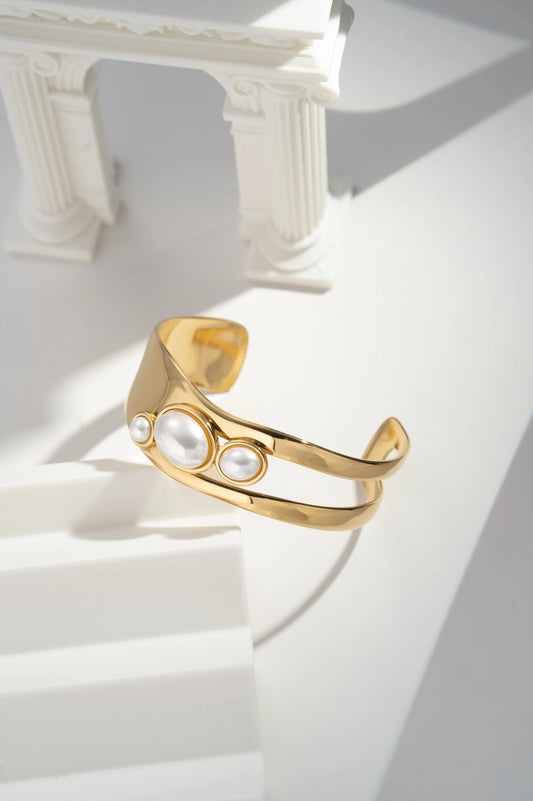 Wide Gold-Plated Bangle with Natural Stone Stainless Steel