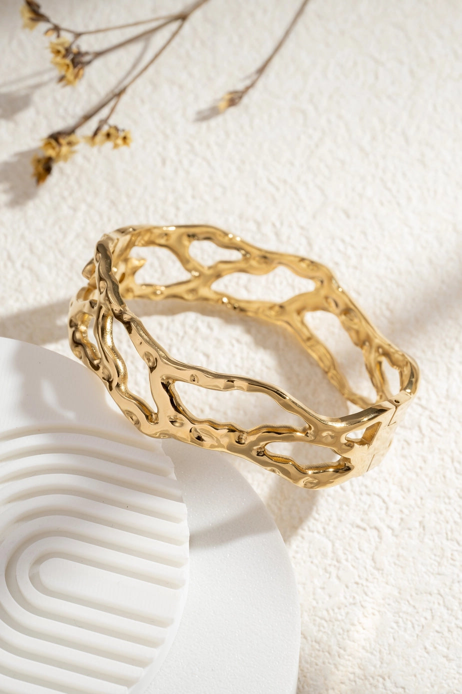 Openwork Bracelet in Stainless Steel with Organic Branch, Shine Gold