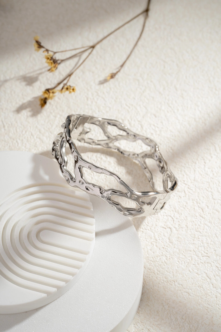 Openwork Bracelet in Stainless Steel with Organic Branch, Shine