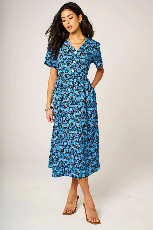 Floral Print Button Front Midi Dress in Royal Blue