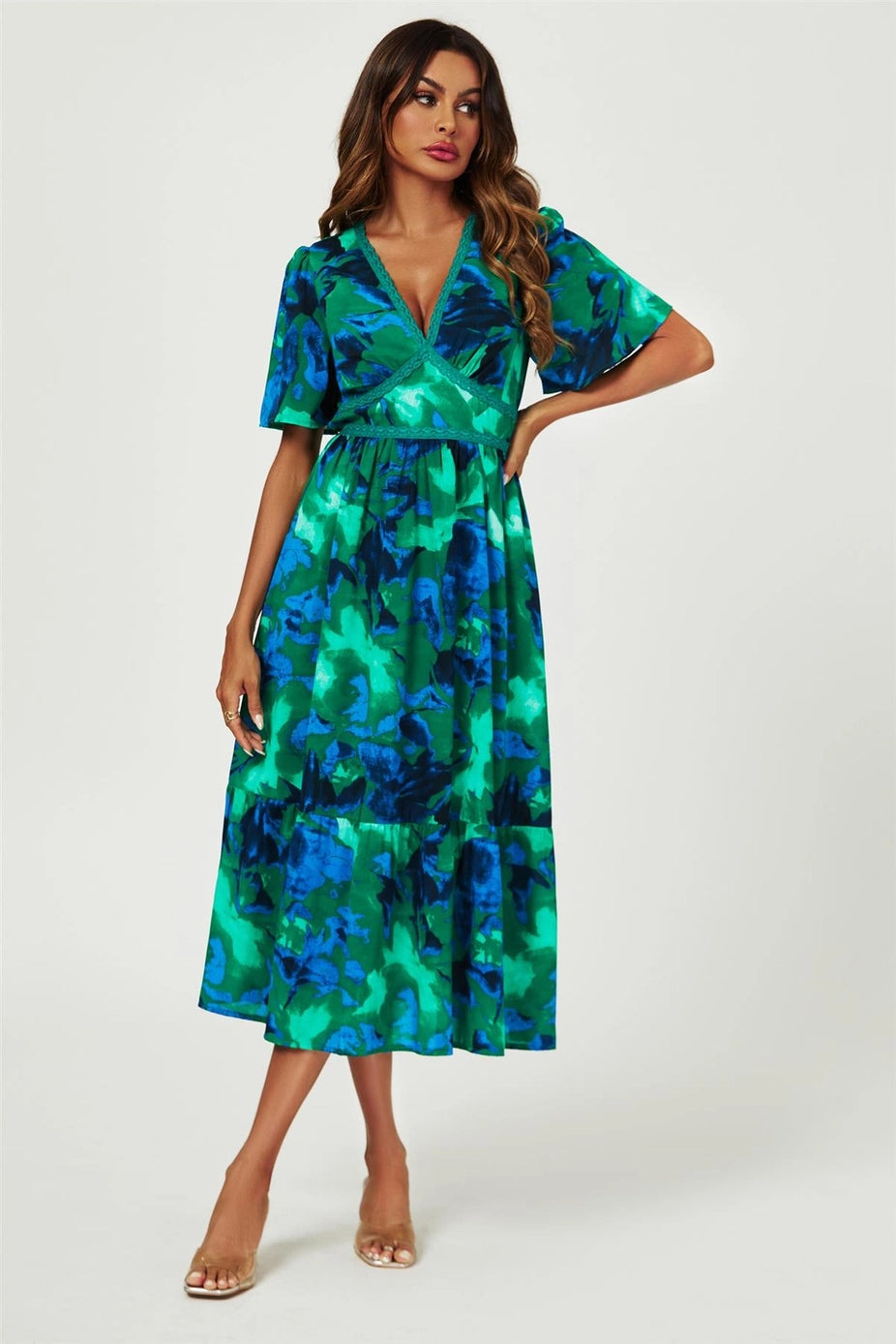 Abstract Floral Print Lace Detail Angel Sleeve Maxi Dress in Green