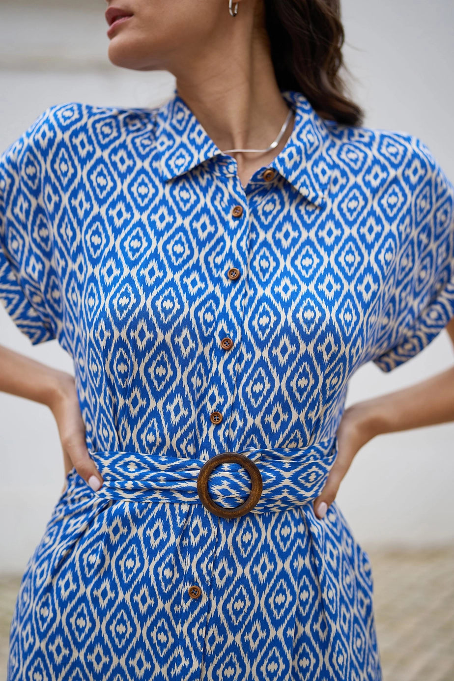 Blue Viscose Midi Shirt Dress with Matching Belt