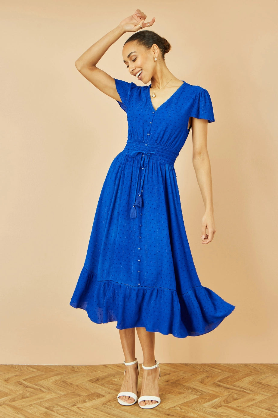 Blue Button Detail Midi Dress with Ruched Waist and Metallic Thread