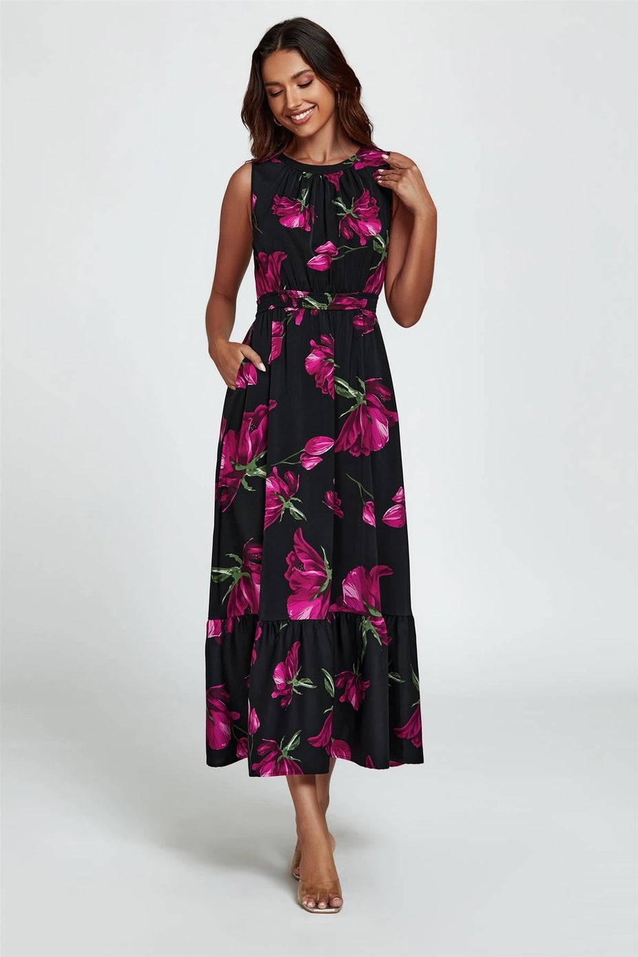 Floral Print Halterneck Maxi Dress in Black