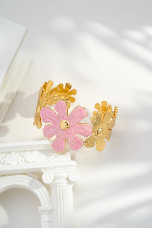 Golden Flower Bangle Bracelet with Marbled Elegance in Stainless Steel pink