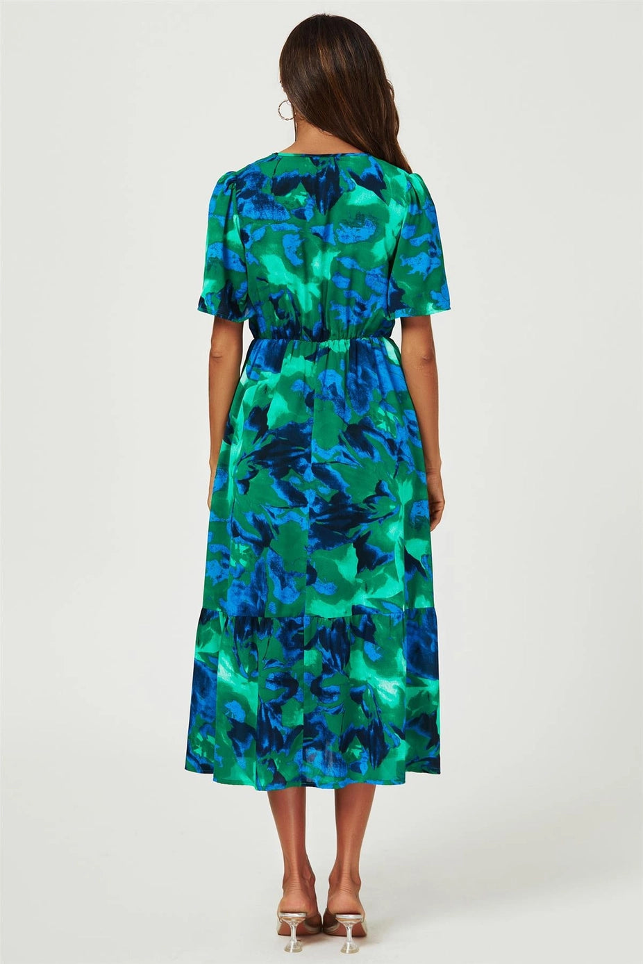 Abstract Floral Print Lace Detail Angel Sleeve Maxi Dress in Green