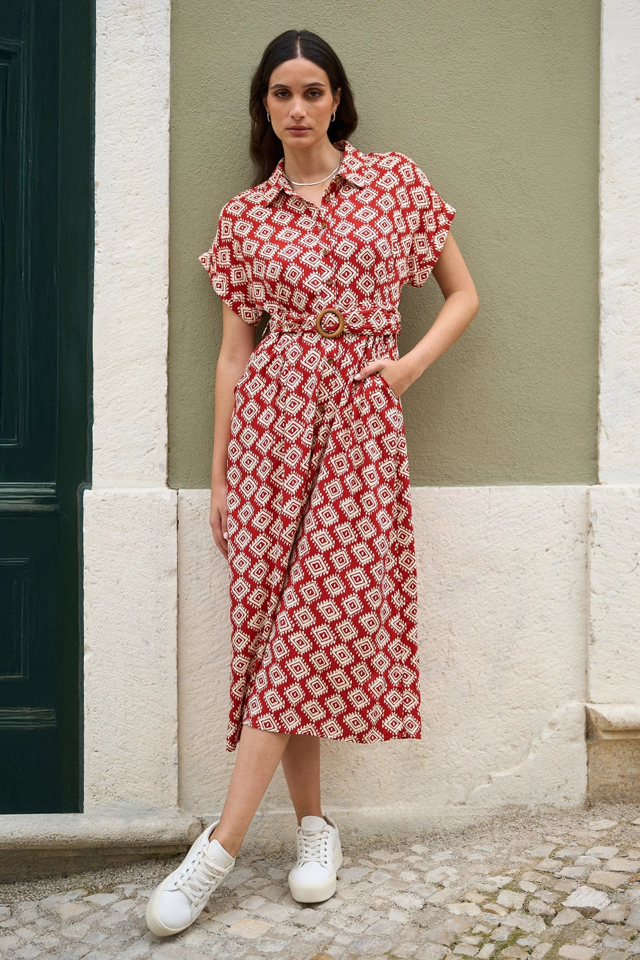 Red Viscose Midi Shirt Dress with Matching Belt