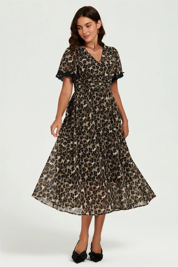 Leopard Print Lace Trim On Sleeve Midi Dress in Brown