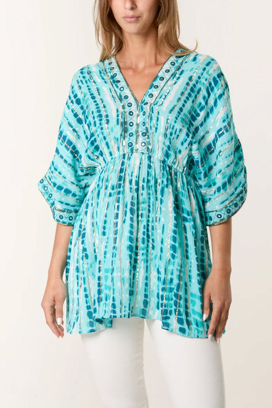 gold embellished smock top in aqua multi one size 10 - 14
