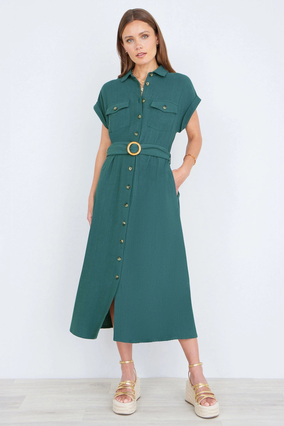 Green Viscose Linen Look Midi Shirt Dress with Wooden Belt