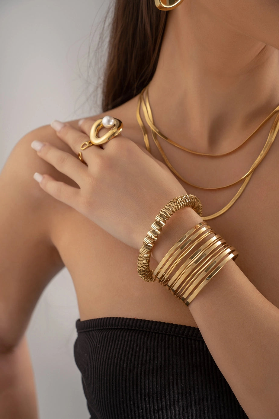 Wide Parallel Line Stainless Steel Cuff Bracelet Gold