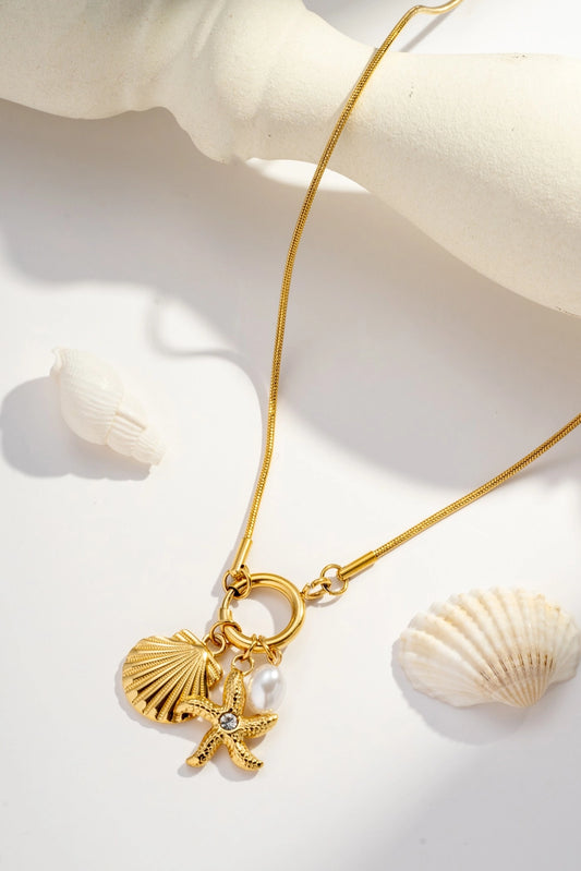 Marine Treasure Necklace Shell and Star Charms in Steel