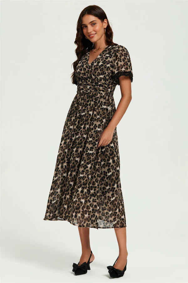 Leopard Print Lace Trim On Sleeve Midi Dress in Brown