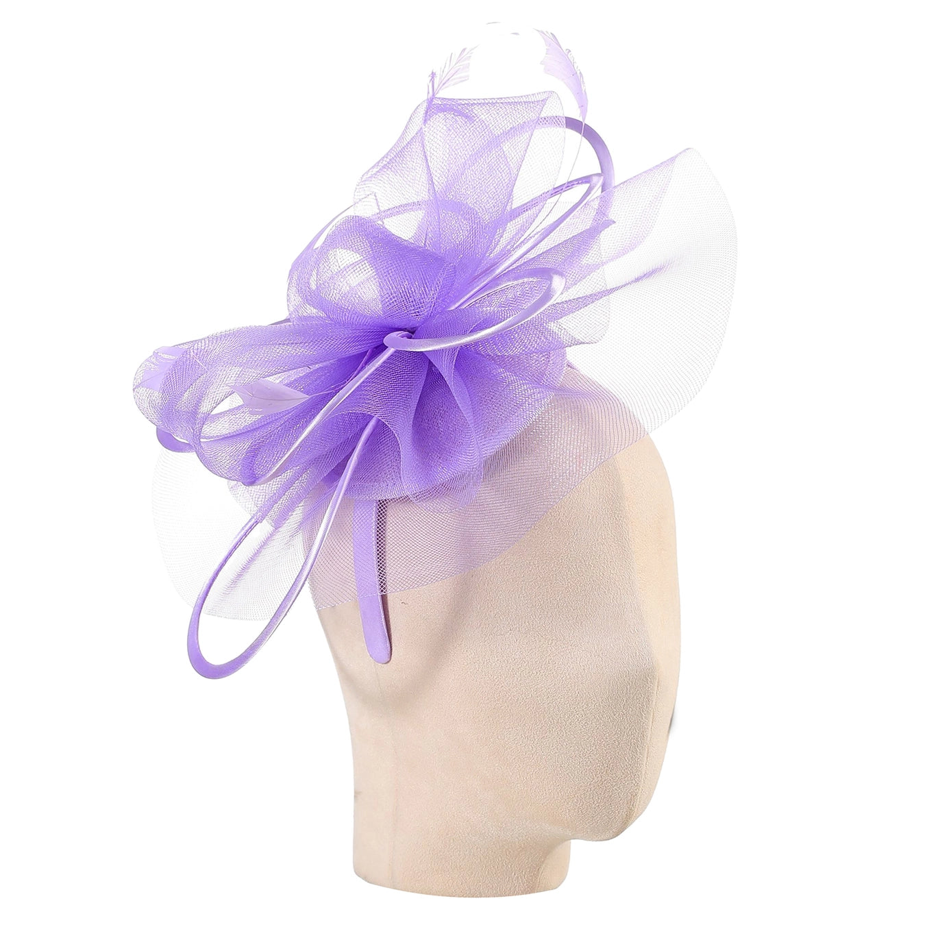 Plain Delicate Mesh and Feather Accents Fascinator Lilac