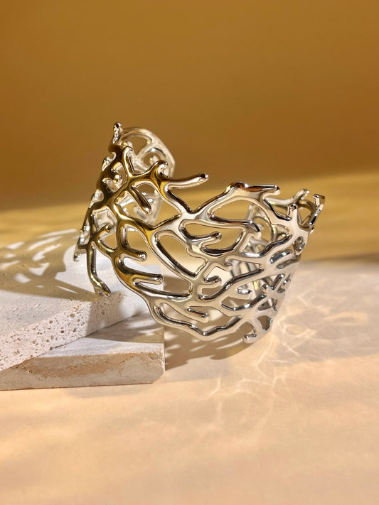 Silver Openwork Cuff Bracelet – Chic Coral Design, Steel