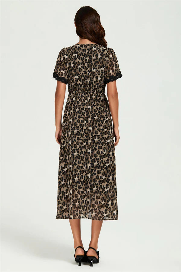 Leopard Print Lace Trim On Sleeve Midi Dress in Brown