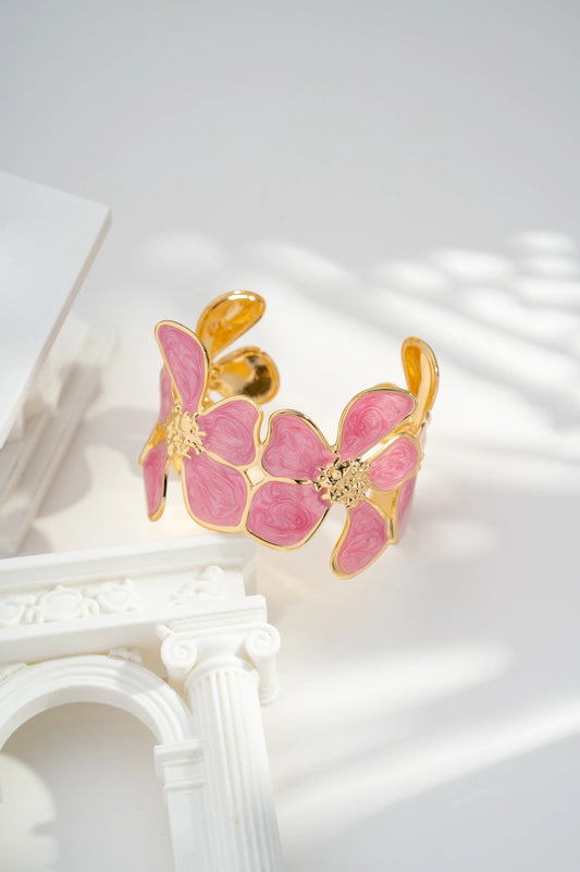 Gold Floral Bracelet with Marbled Flower Adjustable Stainless Steel pink