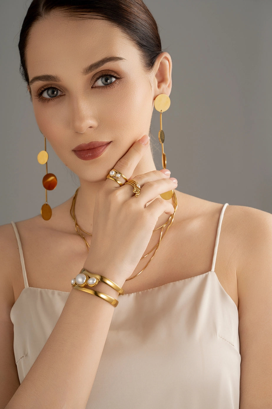 Wide Gold-Plated Bangle with Natural Stone Stainless Steel