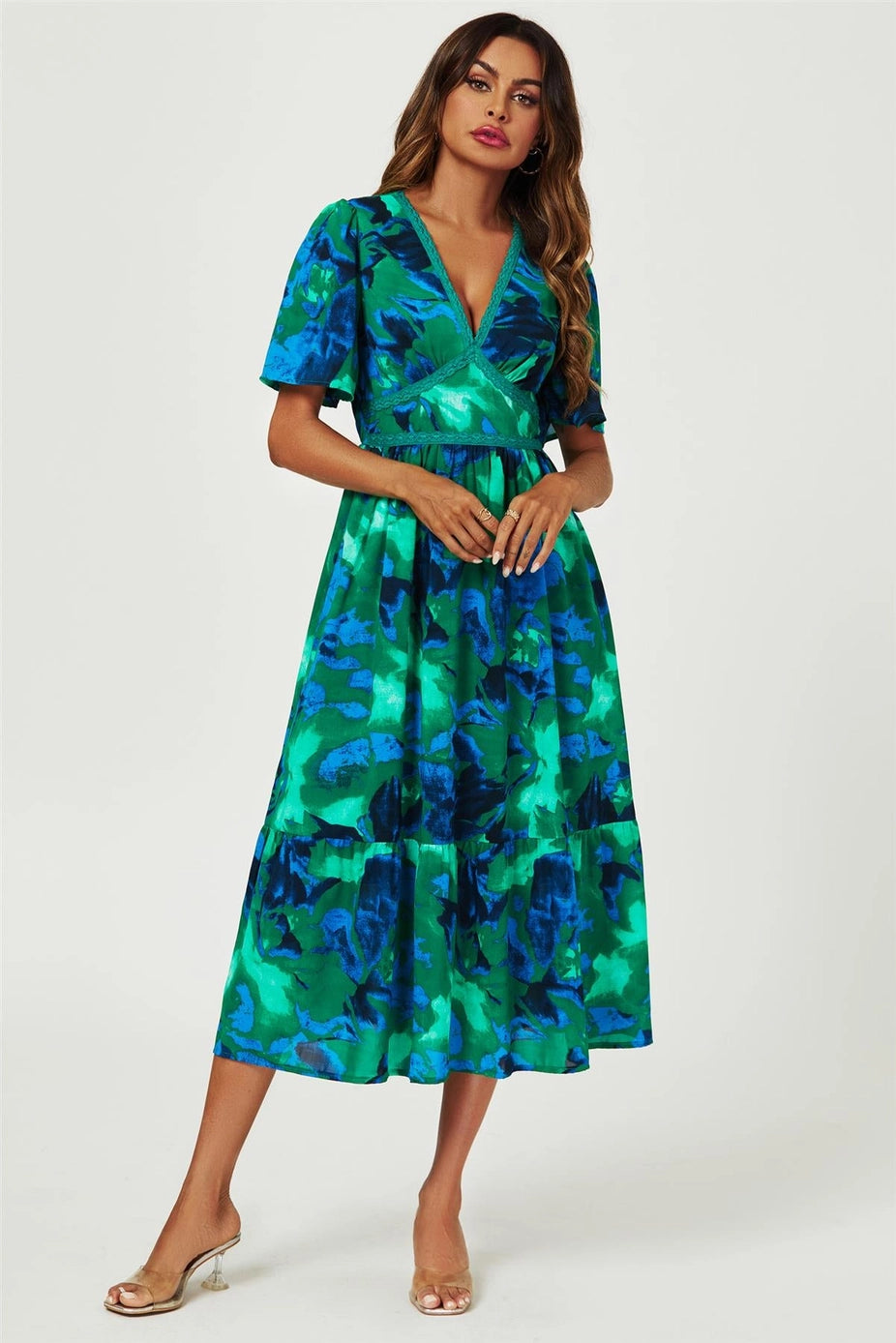 Abstract Floral Print Lace Detail Angel Sleeve Maxi Dress in Green