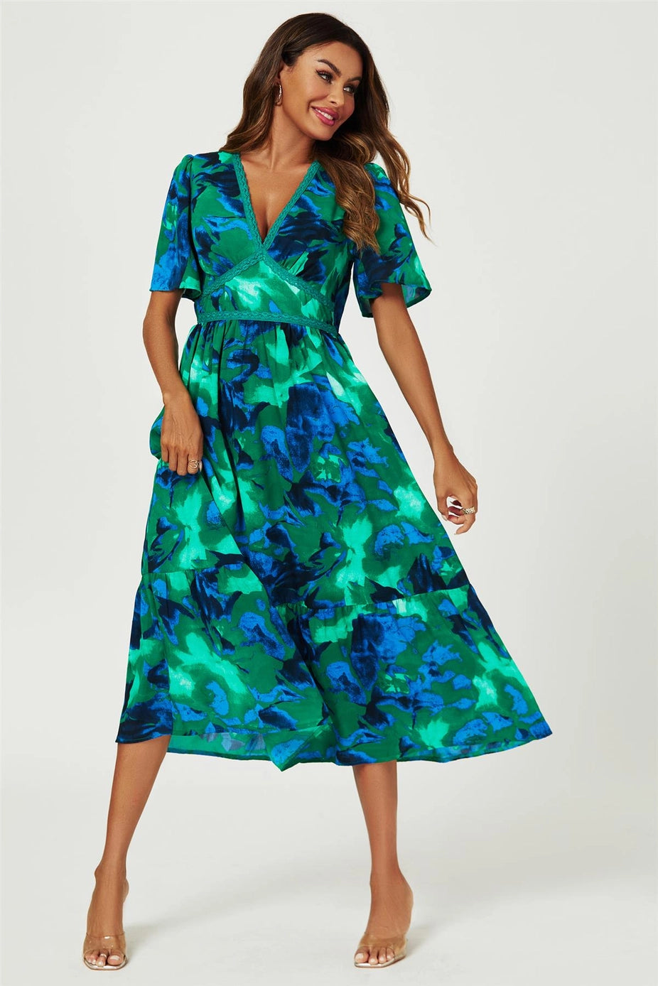 Abstract Floral Print Lace Detail Angel Sleeve Maxi Dress in Green