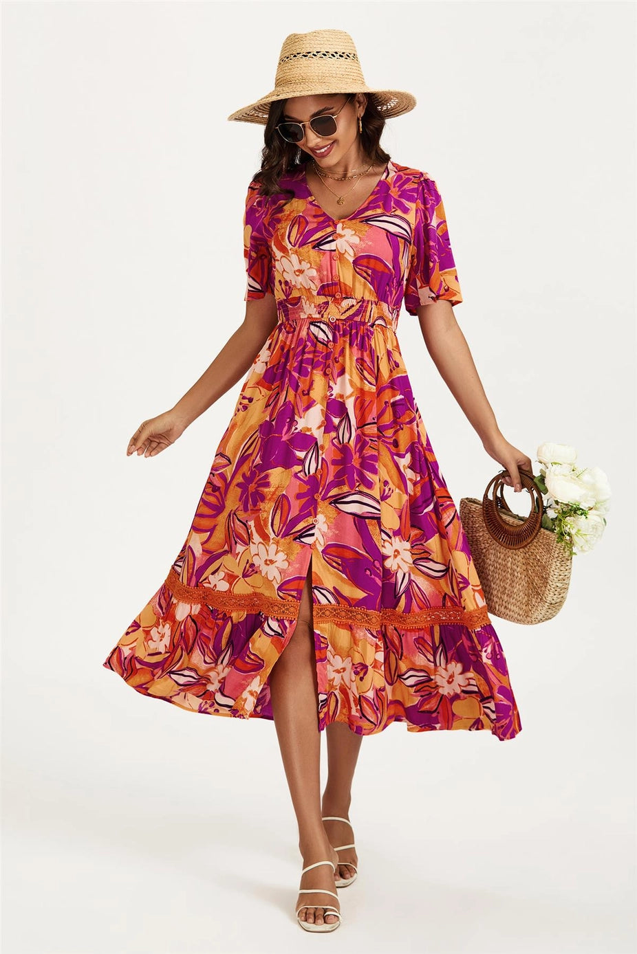Floral Print Button Down Maxi Dress in Pink Orange