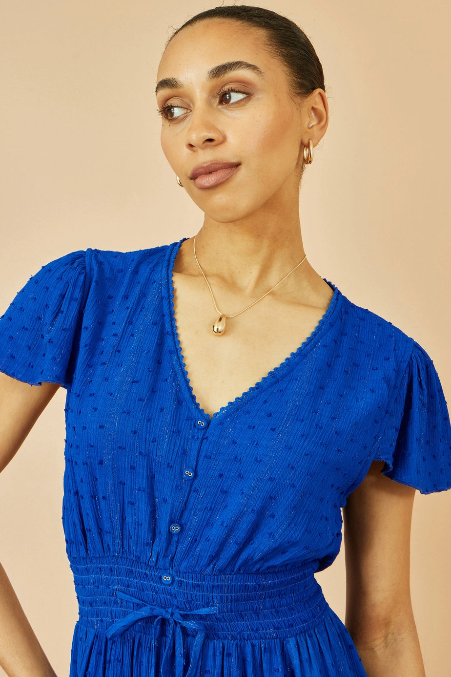 Blue Button Detail Midi Dress with Ruched Waist and Metallic Thread