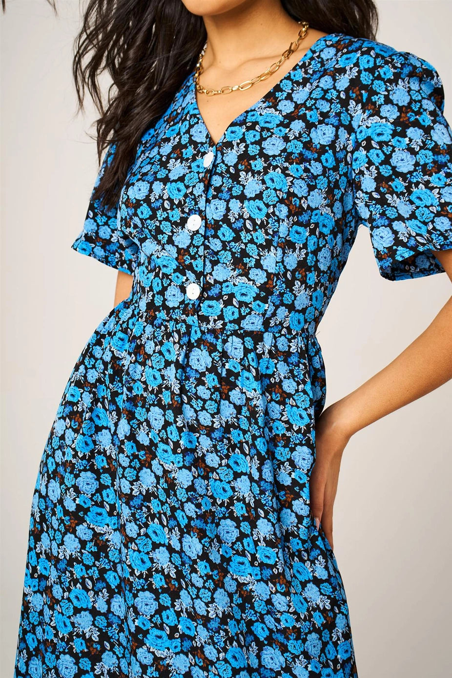 Floral Print Button Front Midi Dress in Royal Blue