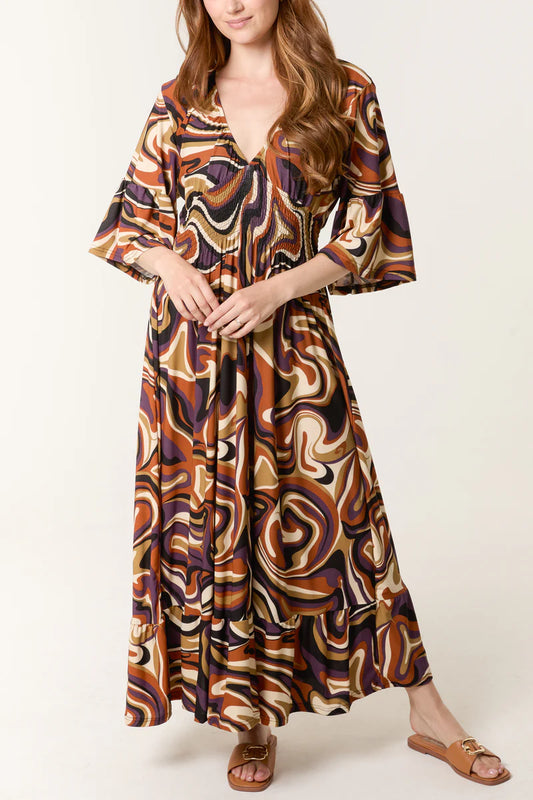 Abstract Swirl Shirred Stretch Maxi Dress One Size 8 To 16