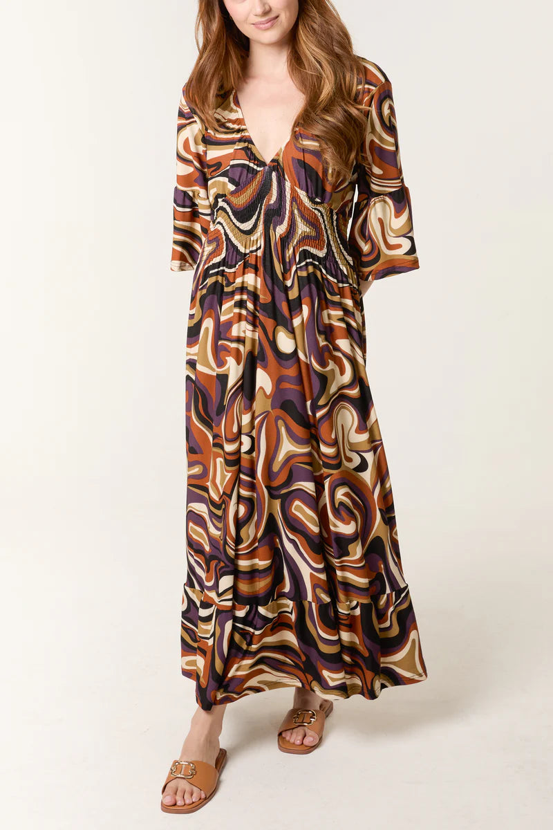 Abstract Swirl Shirred Stretch Maxi Dress One Size 8 To 16