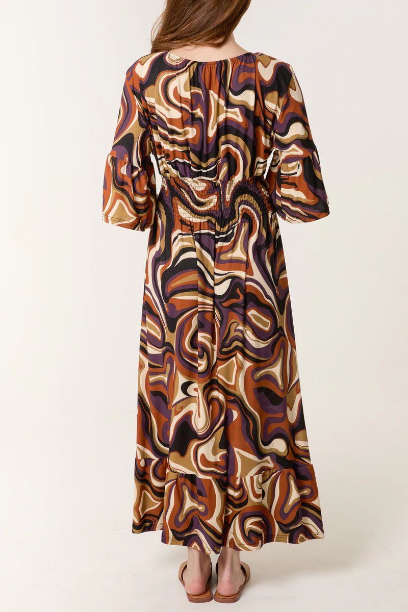 Abstract Swirl Shirred Stretch Maxi Dress One Size 8 To 16