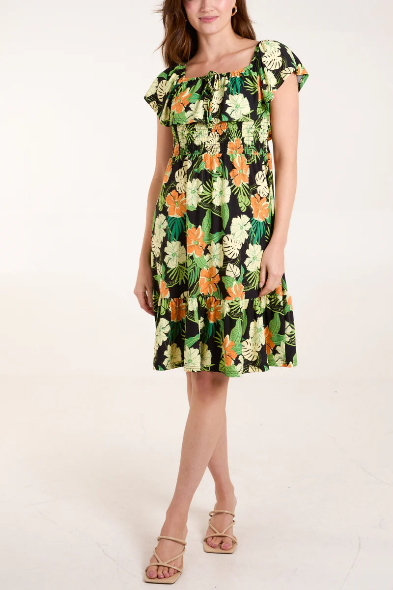 Tropical Floral Square Neck on or off the shoulder Dress