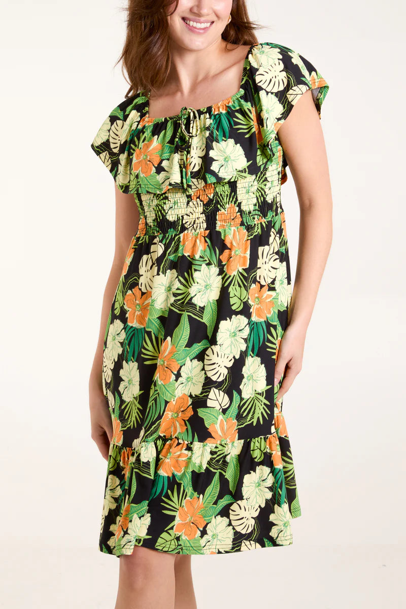 Tropical Floral Square Neck on or off the shoulder Dress