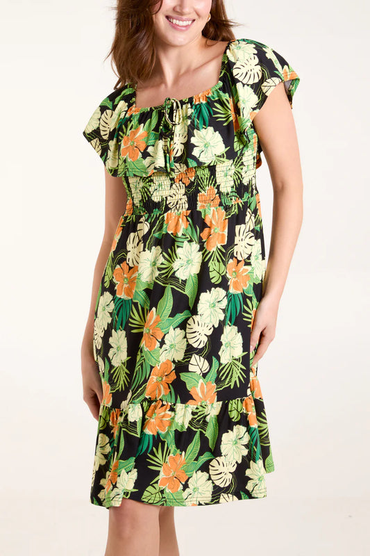 Tropical Floral Square Neck on or off the shoulder Dress