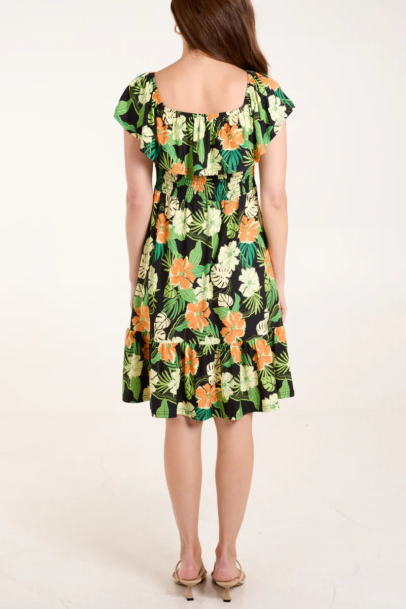 Tropical Floral Square Neck on or off the shoulder Dress
