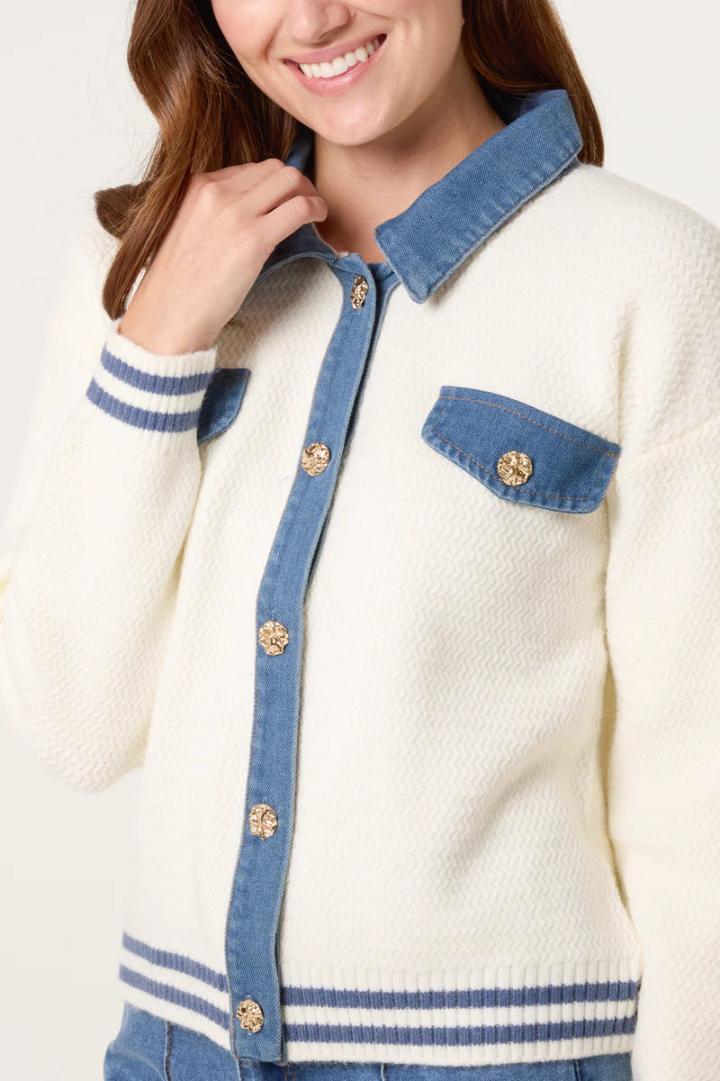 Denim Trim Knit Cardigan Jacket
