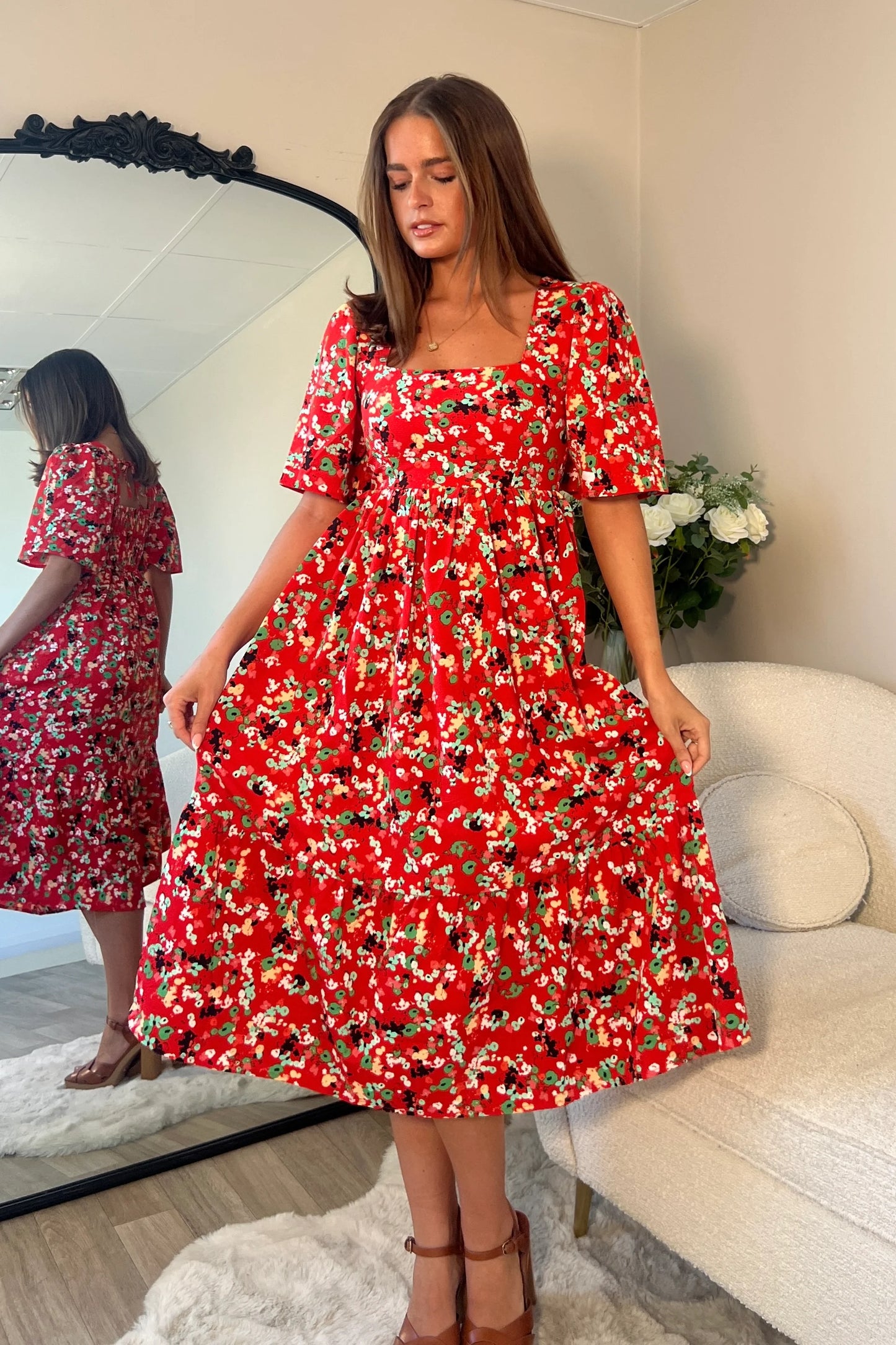 Aspen Square Neck Tiered Midaxi Dress Red