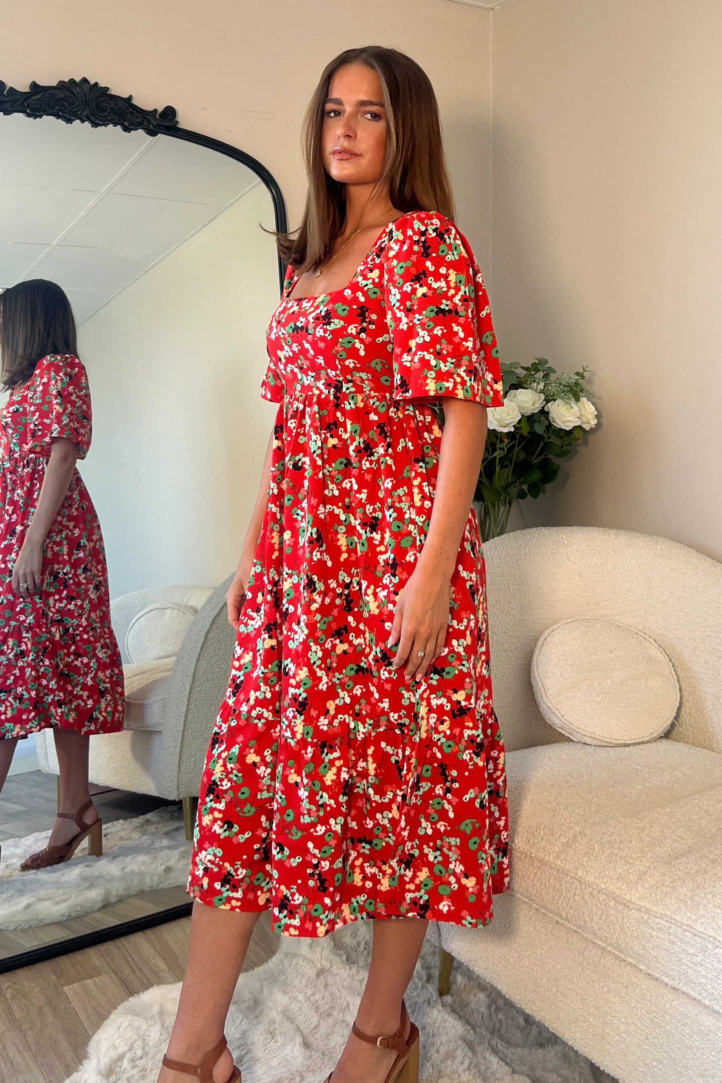 Aspen Square Neck Tiered Midaxi Dress Red