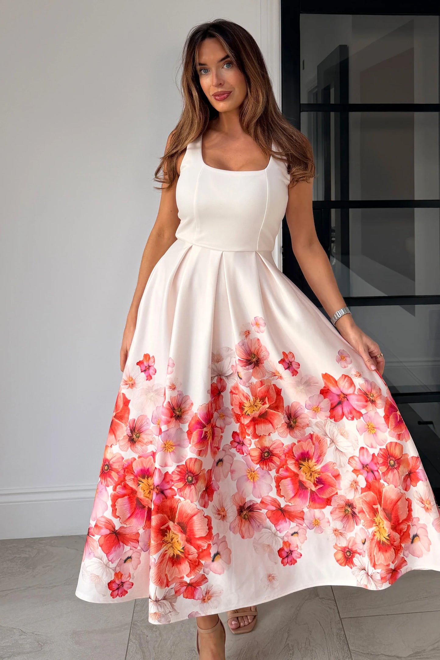 Erica Square Neck Pleated Midi Dress Floral print