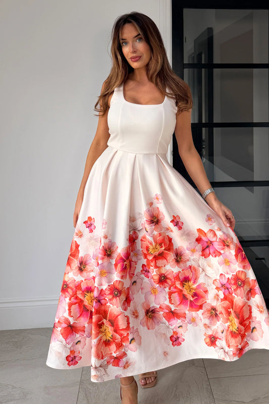 Erica Square Neck Pleated Midi Dress Floral print