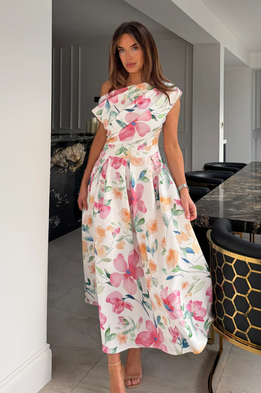 Betty Asymmetric Neckline Skater Midi Dress Pink Floral Print