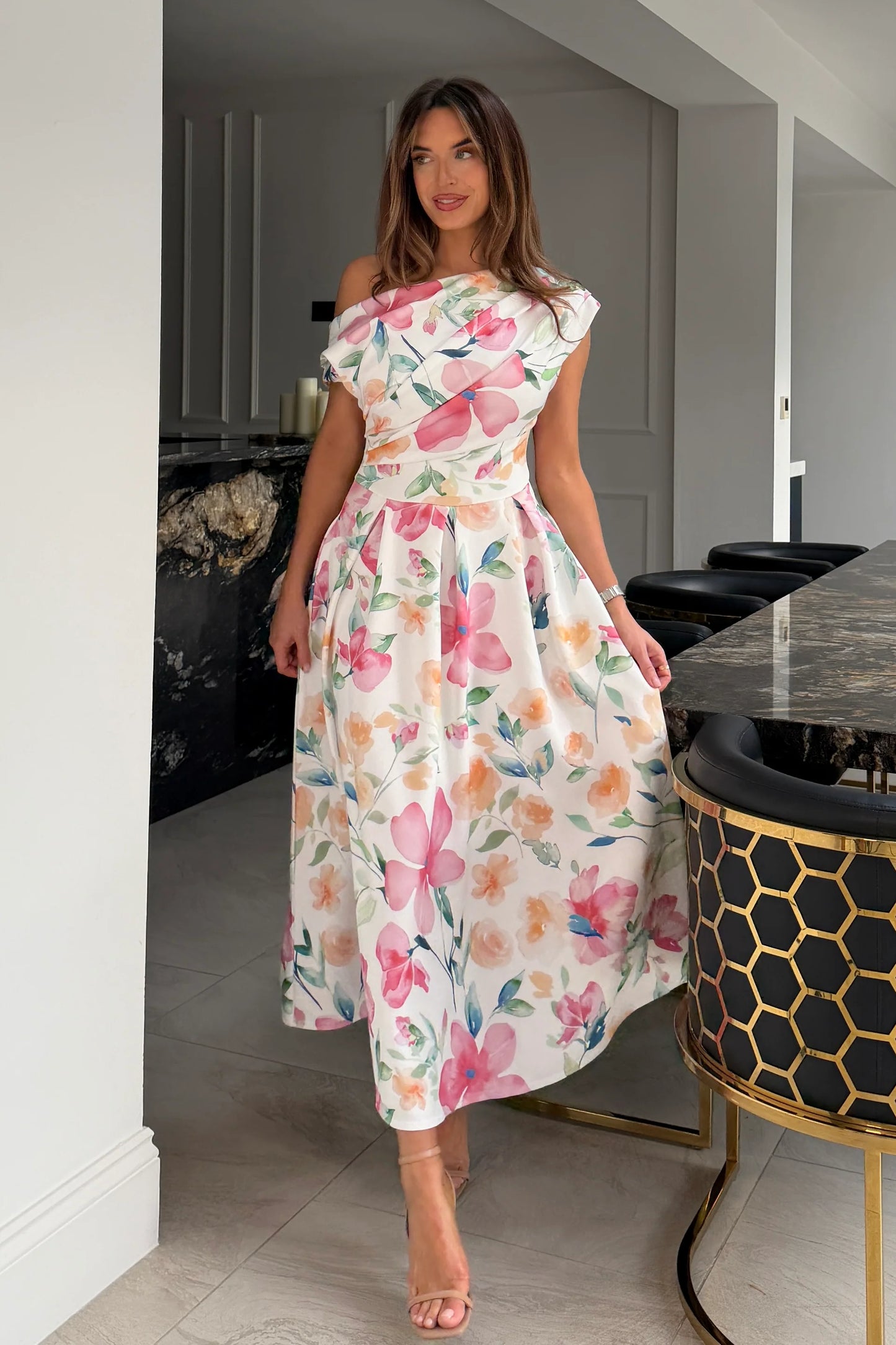 Betty Asymmetric Neckline Skater Midi Dress Pink Floral Print
